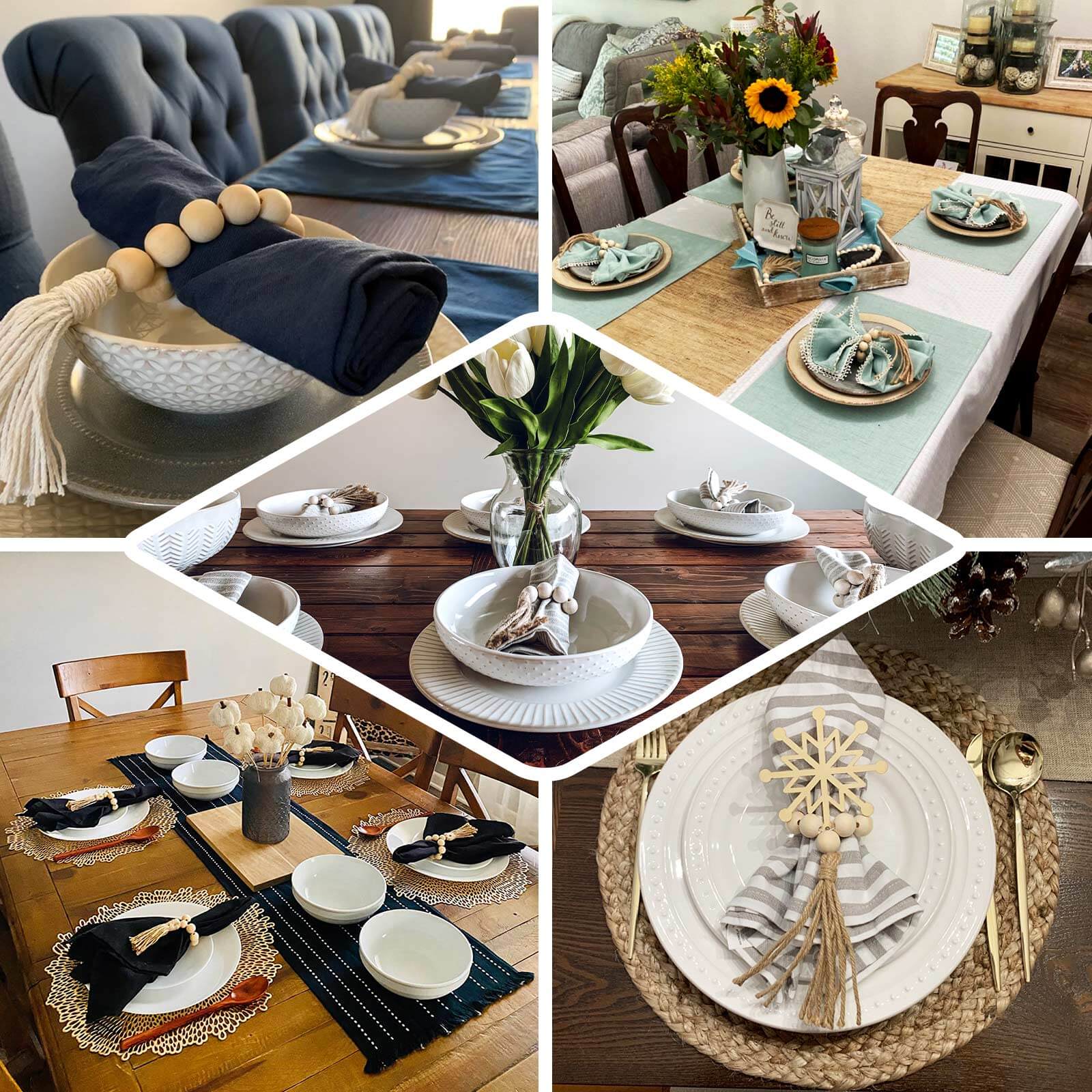 4 Pack 6" Cream Rustic Boho Chic Wood Bead Napkin Rings With Tassels, Farmhouse Country Napkin Holders - Bell Racket Store