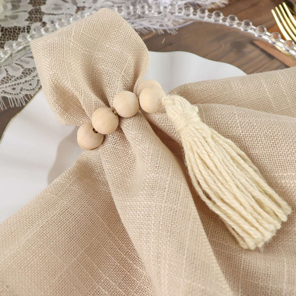 4 Pack 6" Cream Rustic Boho Chic Wood Bead Napkin Rings With Tassels, Farmhouse Country Napkin Holders - Bell Racket Store
