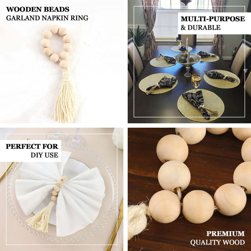 4 Pack 6" Cream Rustic Boho Chic Wood Bead Napkin Rings With Tassels, Farmhouse Country Napkin Holders - Bell Racket Store