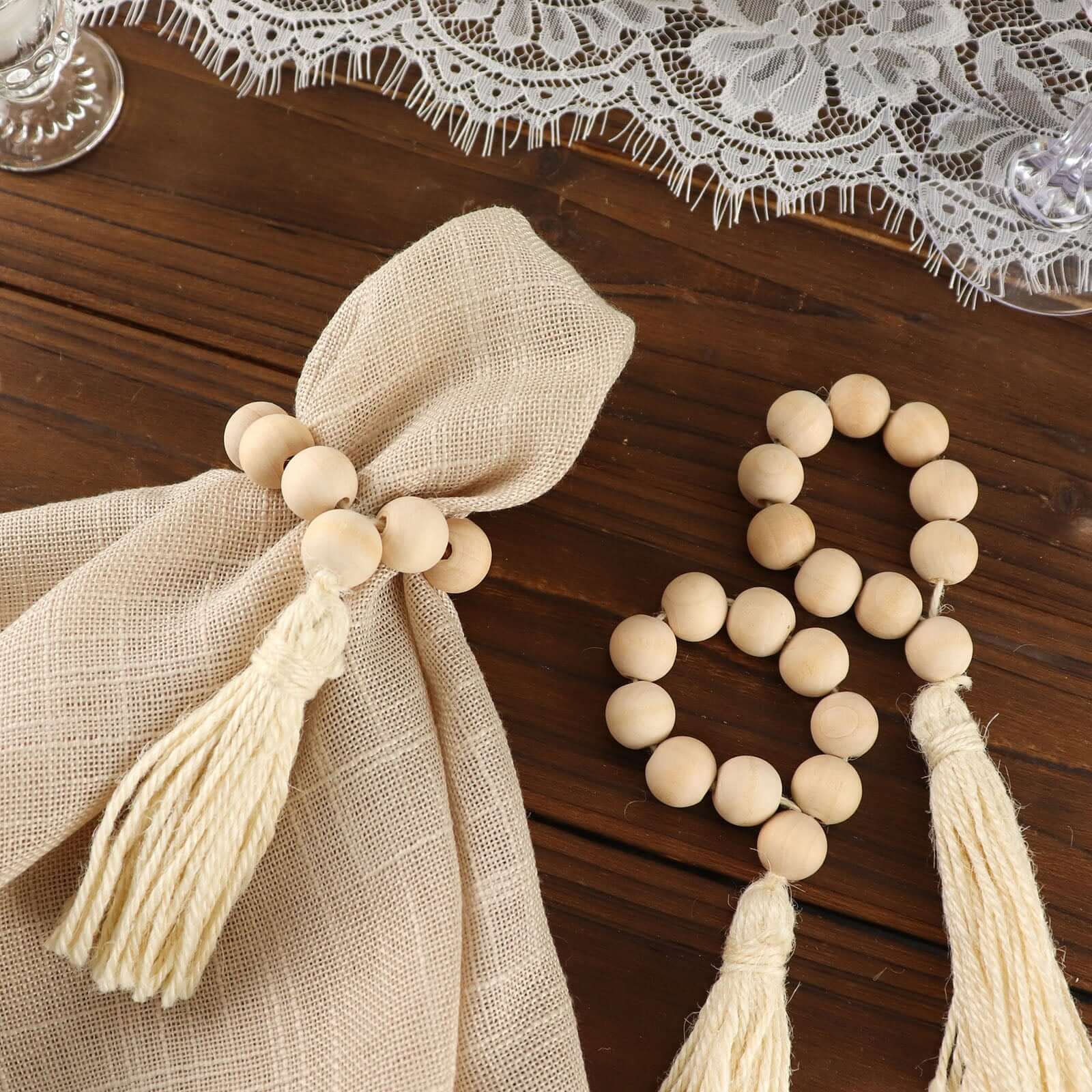 4 Pack 6" Cream Rustic Boho Chic Wood Bead Napkin Rings With Tassels, Farmhouse Country Napkin Holders - Bell Racket Store