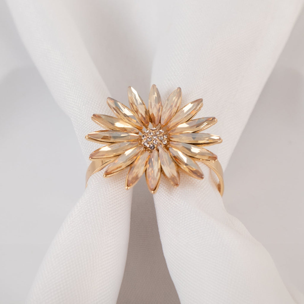 4 Pack Amber Gold Daisy Floral Metal Napkin Holders with Rhinestone Accents, Decorative Napkin Rings - 2" - Bell Racket Store