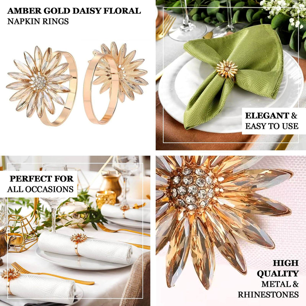 4 Pack Amber Gold Daisy Floral Metal Napkin Holders with Rhinestone Accents, Decorative Napkin Rings - 2" - Bell Racket Store