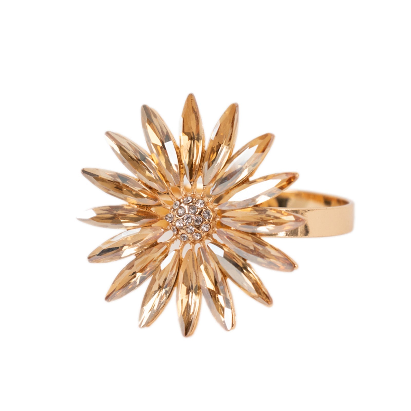 4 Pack Amber Gold Daisy Floral Metal Napkin Holders with Rhinestone Accents, Decorative Napkin Rings - 2" - Bell Racket Store