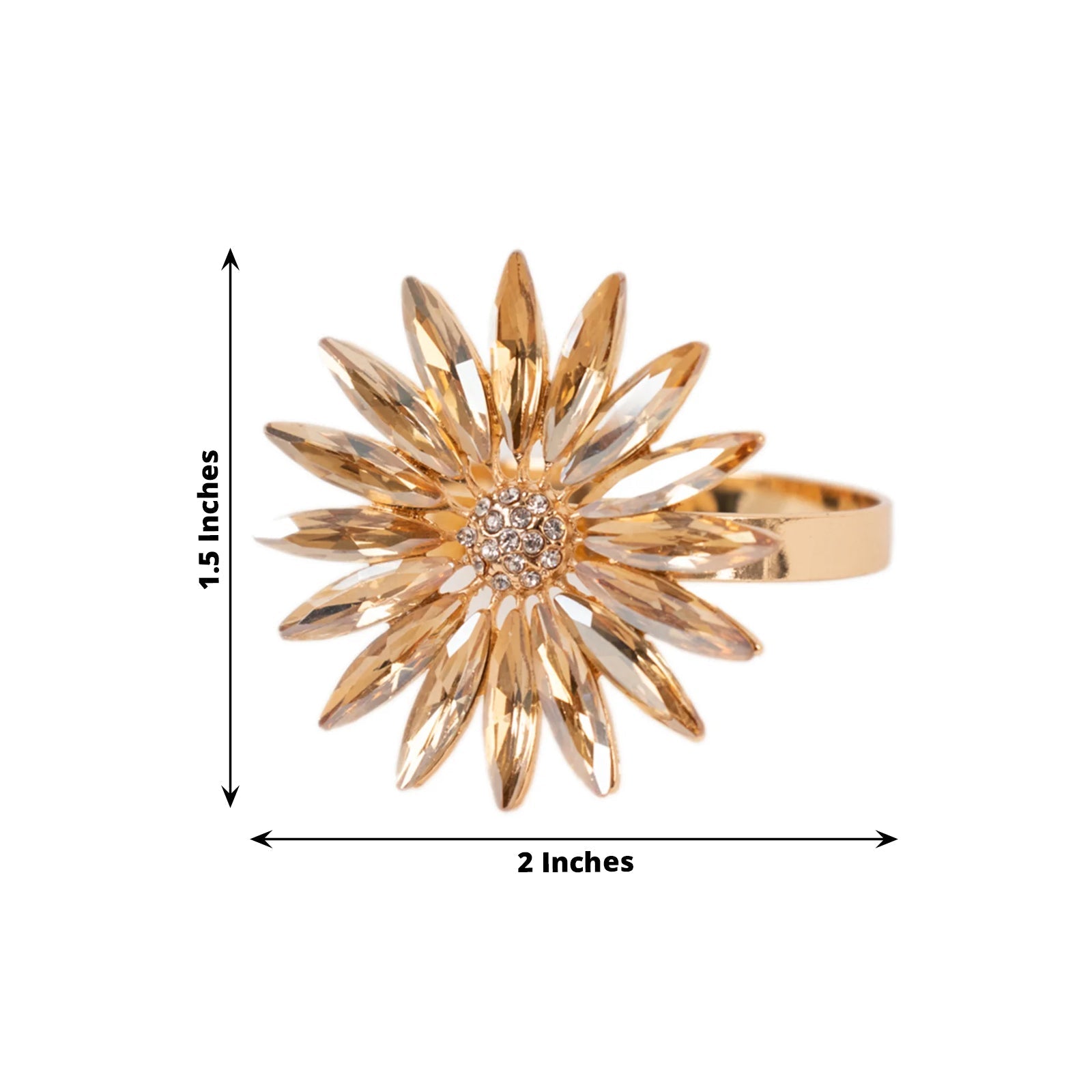 4 Pack Amber Gold Daisy Floral Metal Napkin Holders with Rhinestone Accents, Decorative Napkin Rings - 2" - Bell Racket Store