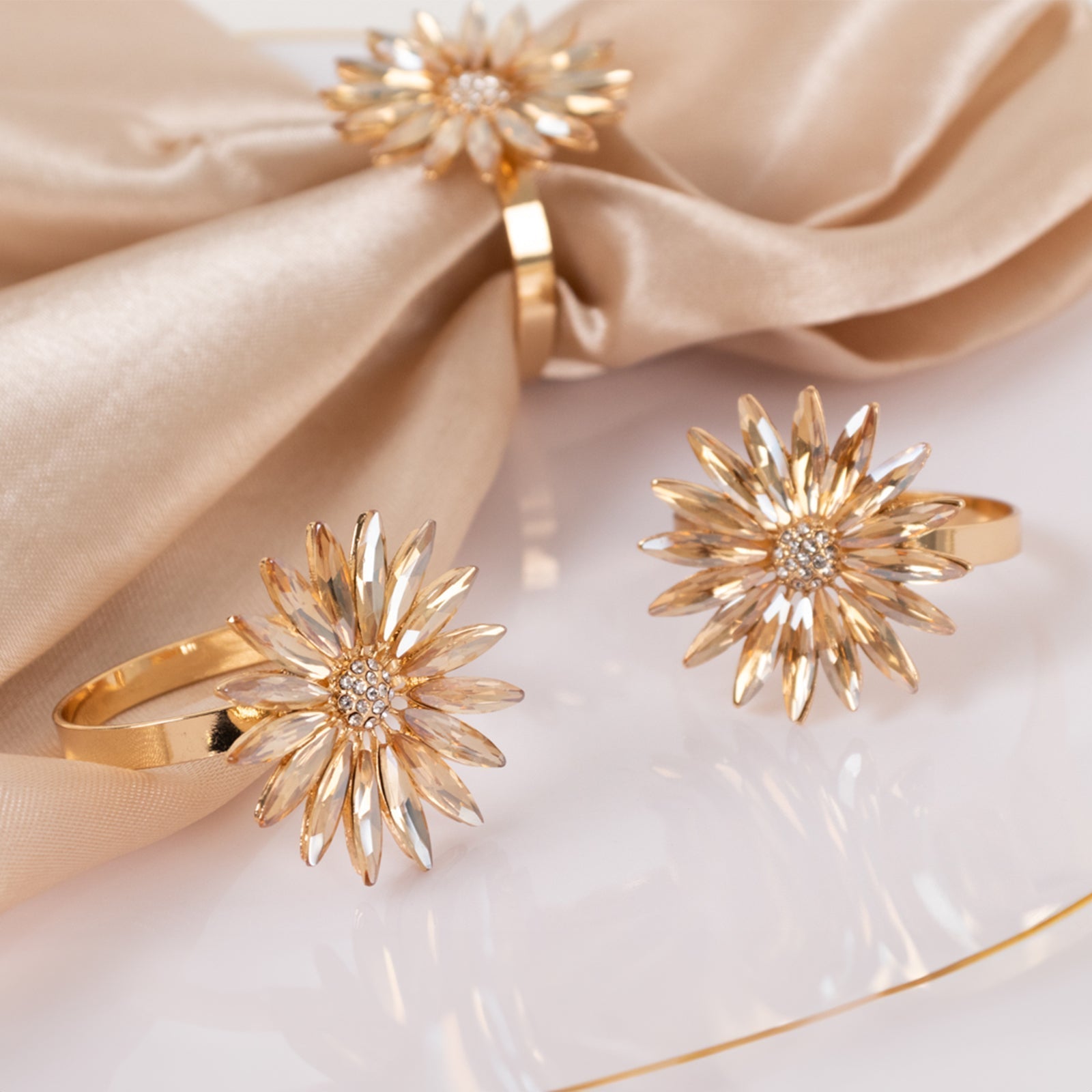 4 Pack Amber Gold Daisy Floral Metal Napkin Holders with Rhinestone Accents, Decorative Napkin Rings - 2" - Bell Racket Store