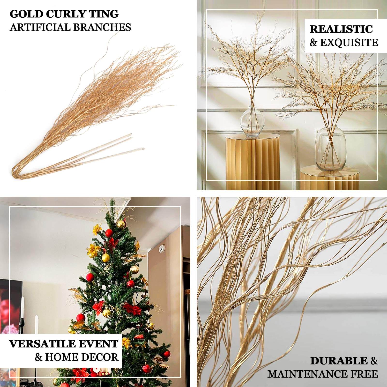 4 - Pack Artificial Curly Willow Branches Metallic Gold - Decorative Bendable Long Stem Twig Sprays for Weddings Photo Shoots & Floral Designs 39" - Bell Racket Store