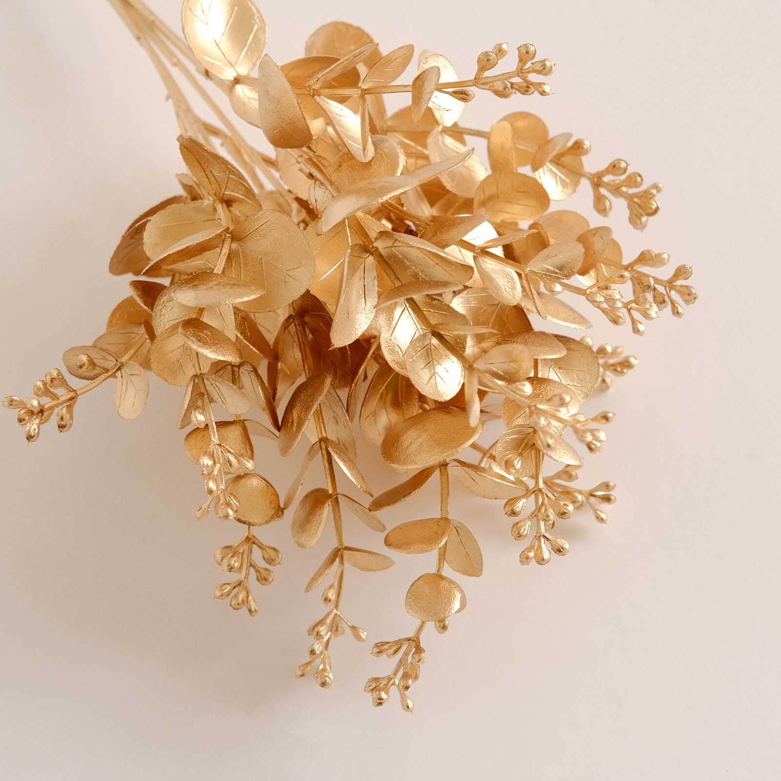 4 - Pack Artificial Eucalyptus Leaves Decor Metallic Gold - Vibrant Faux Plant Spray Bush for Bridal Bouquets Floral Arrangements & Event Styling 12" - Bell Racket Store