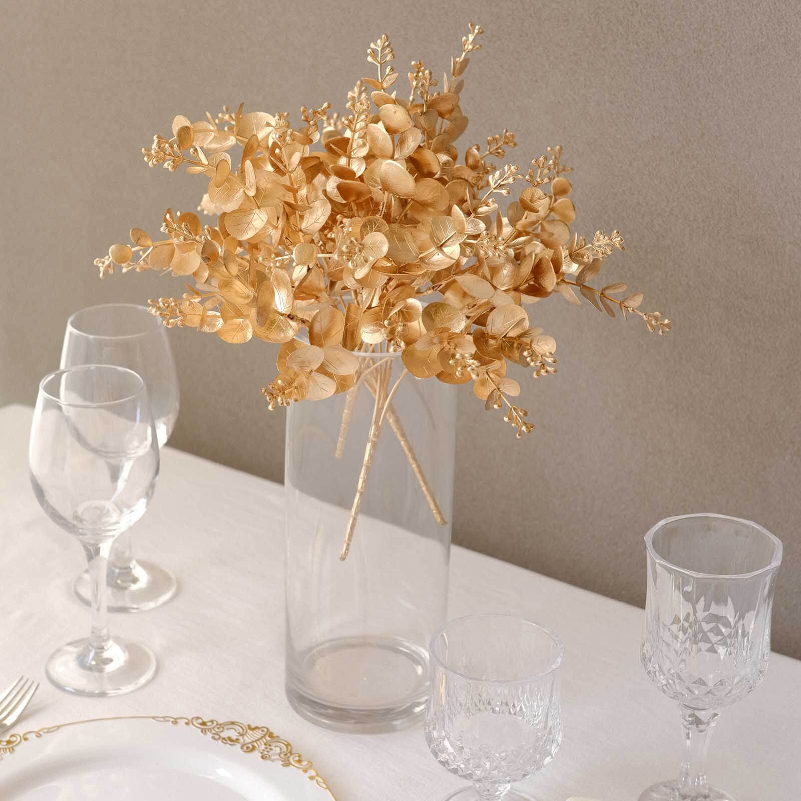 4 - Pack Artificial Eucalyptus Leaves Decor Metallic Gold - Vibrant Faux Plant Spray Bush for Bridal Bouquets Floral Arrangements & Event Styling 12" - Bell Racket Store