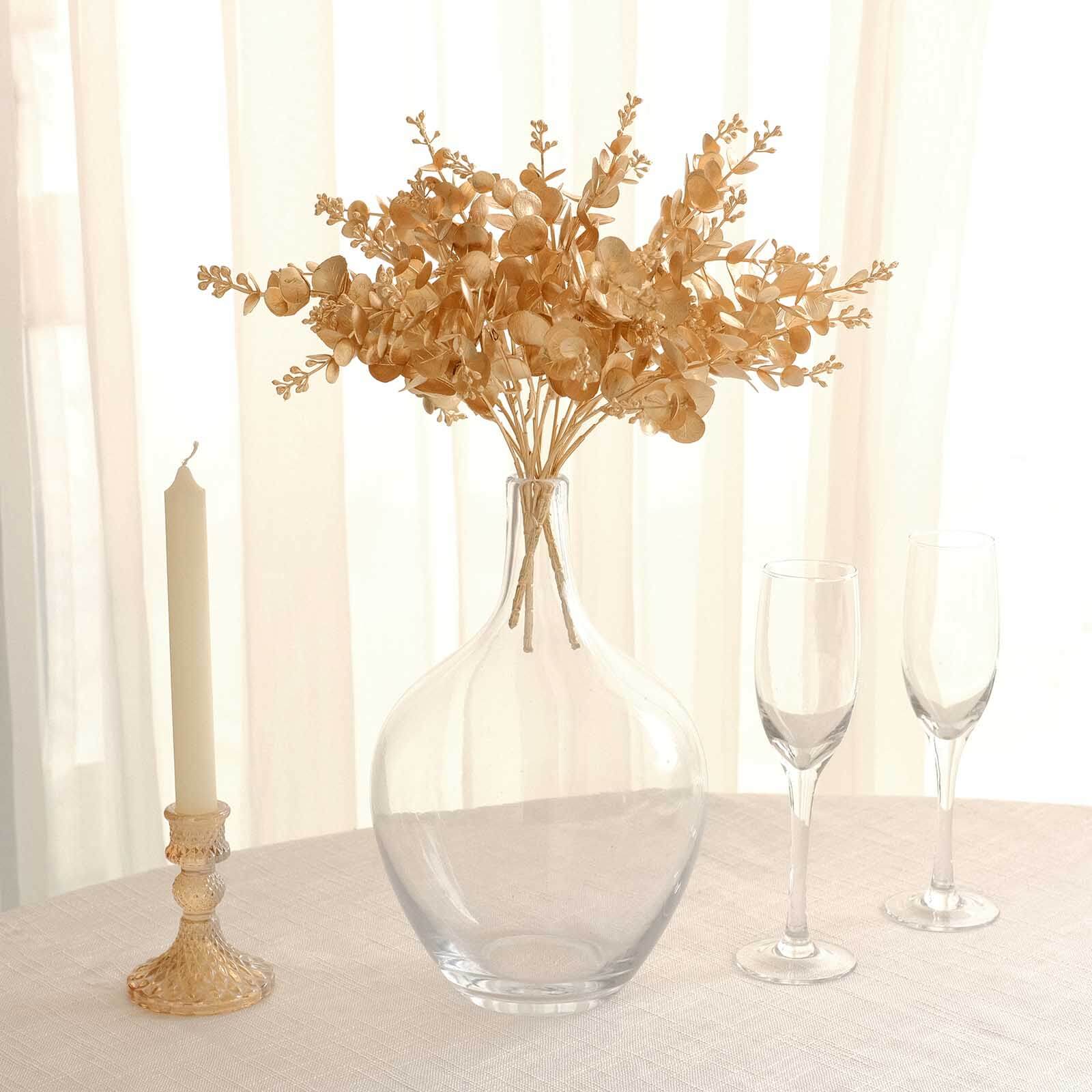4 - Pack Artificial Eucalyptus Leaves Decor Metallic Gold - Vibrant Faux Plant Spray Bush for Bridal Bouquets Floral Arrangements & Event Styling 12" - Bell Racket Store