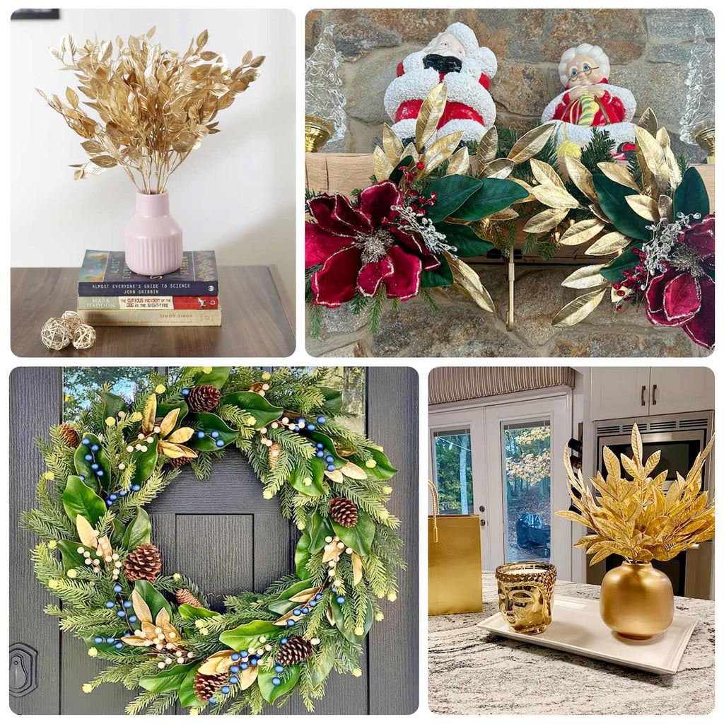 4 - Pack Artificial Italian Ruscus Leaves Branches Metallic Gold - Flexible Faux Spray Plant Stem Vase Fillers for Exquisite Tablescapes & Floral Displays 14" - Bell Racket Store