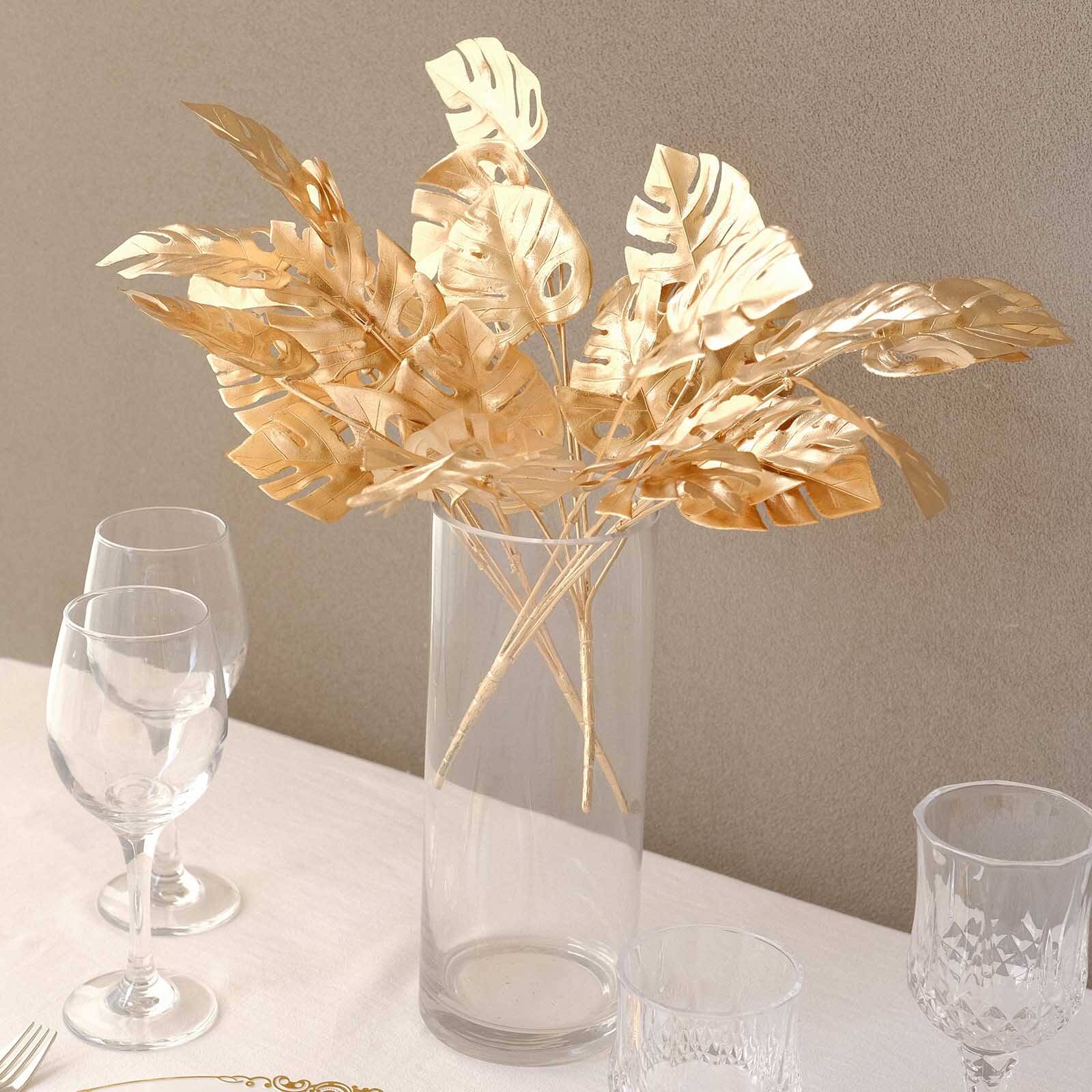 4 - Pack Artificial Monstera Leaves Bushes Metallic Gold - Themed Weddings Parties & Events 14" - Bell Racket Store