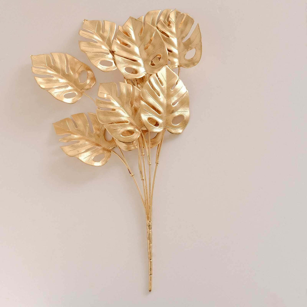 4 - Pack Artificial Monstera Leaves Bushes Metallic Gold - Themed Weddings Parties & Events 14" - Bell Racket Store