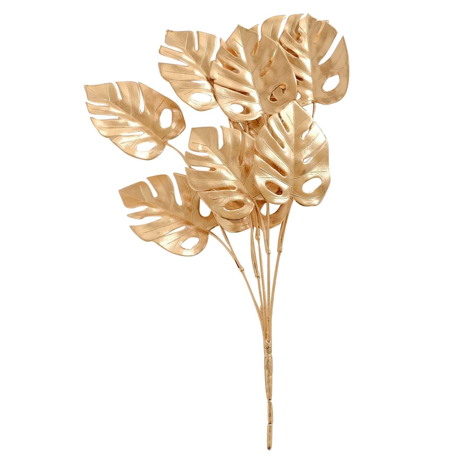 4 - Pack Artificial Monstera Leaves Bushes Metallic Gold - Themed Weddings Parties & Events 14" - Bell Racket Store