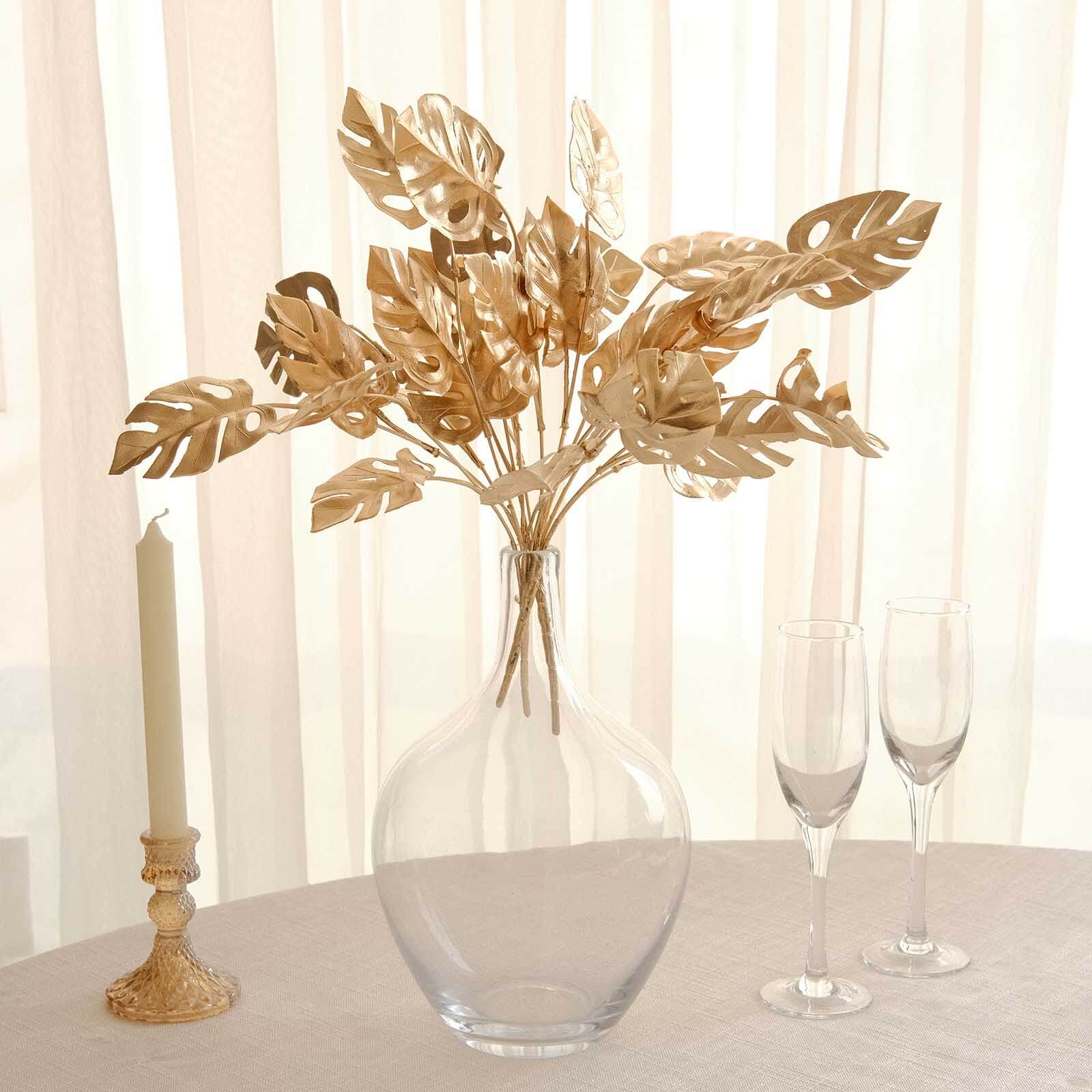 4 - Pack Artificial Monstera Leaves Bushes Metallic Gold - Themed Weddings Parties & Events 14" - Bell Racket Store