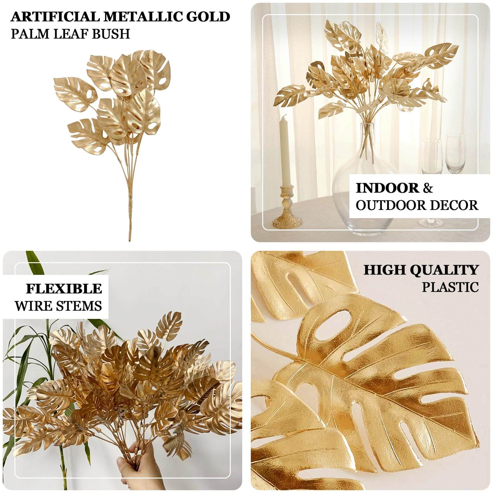 4 - Pack Artificial Monstera Leaves Bushes Metallic Gold - Themed Weddings Parties & Events 14" - Bell Racket Store