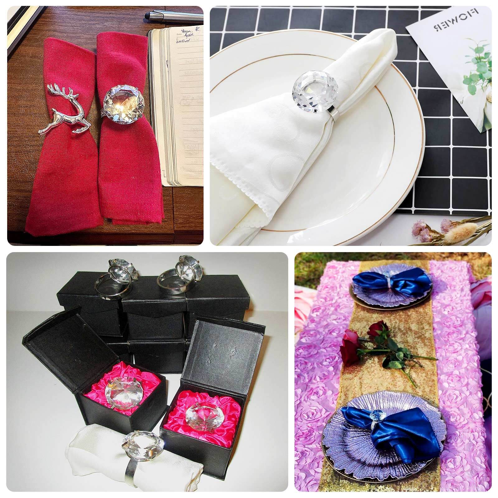 4 Pack Big Crystal Diamond Metal Napkin Holders, Bling Rhinestone Napkin Rings - 2.5" - Bell Racket Store