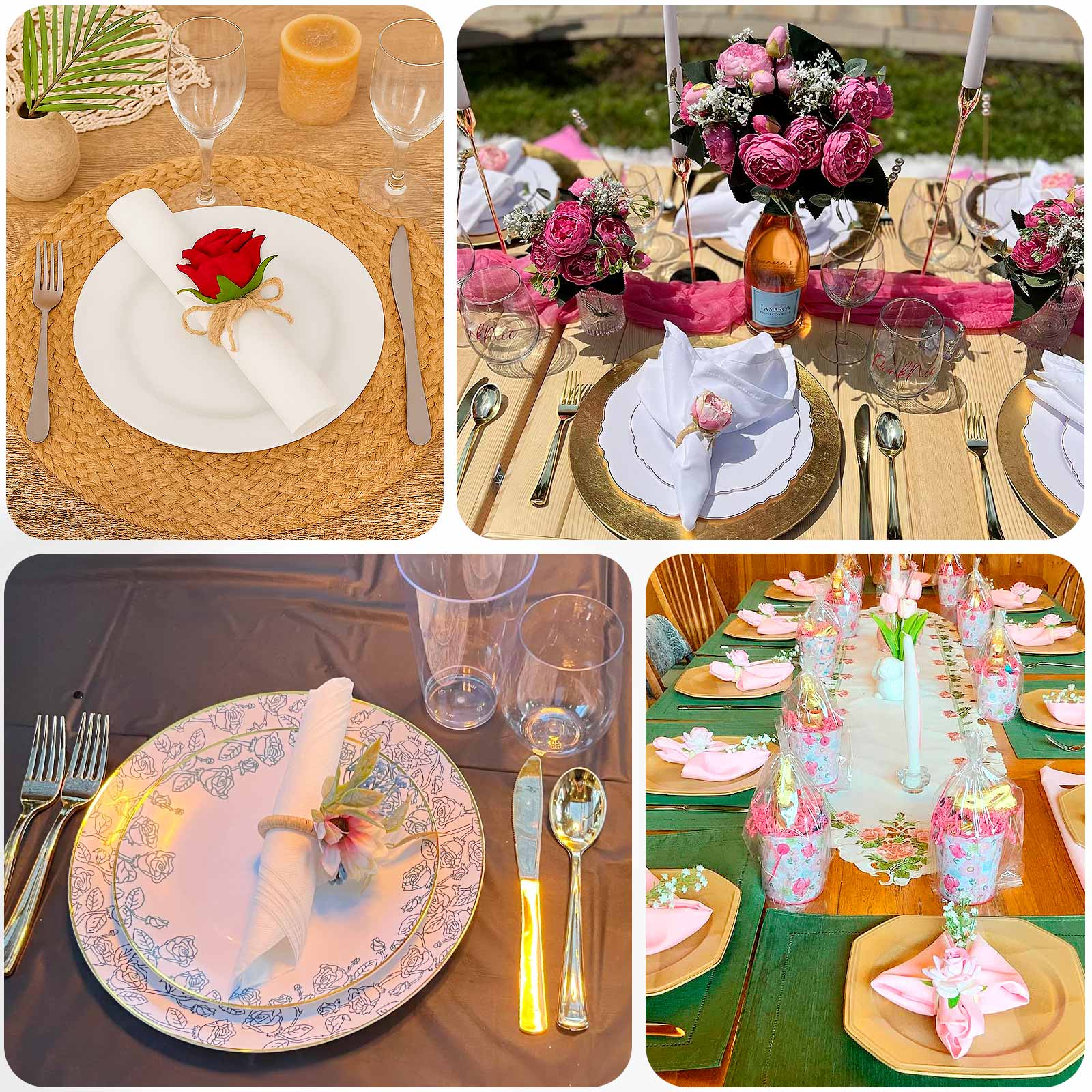 4 Pack Blush Artificial Rose Flower Wooden Napkin Holders, Farmhouse Country Floral Napkin Rings - 4" - Bell Racket Store