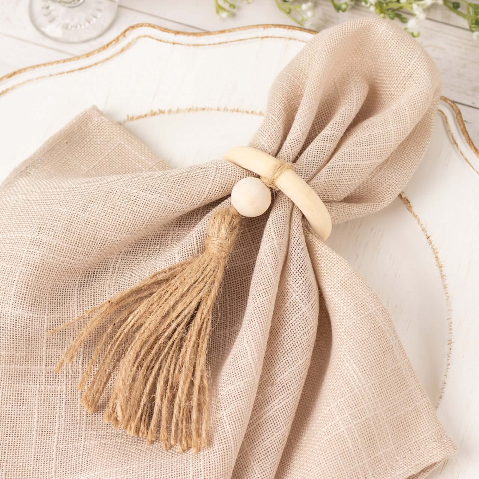 4 Pack Cream Wooden Napkin Rings with Woven Jute Beaded Tassel, Rustic Boho Chic Serviette Buckles - Bell Racket Store