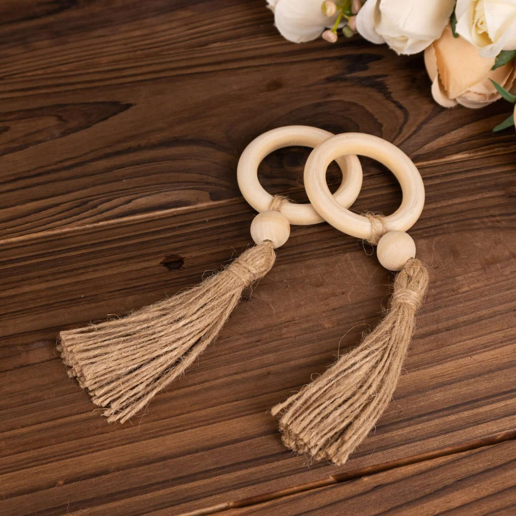 4 Pack Cream Wooden Napkin Rings with Woven Jute Beaded Tassel, Rustic Boho Chic Serviette Buckles - Bell Racket Store