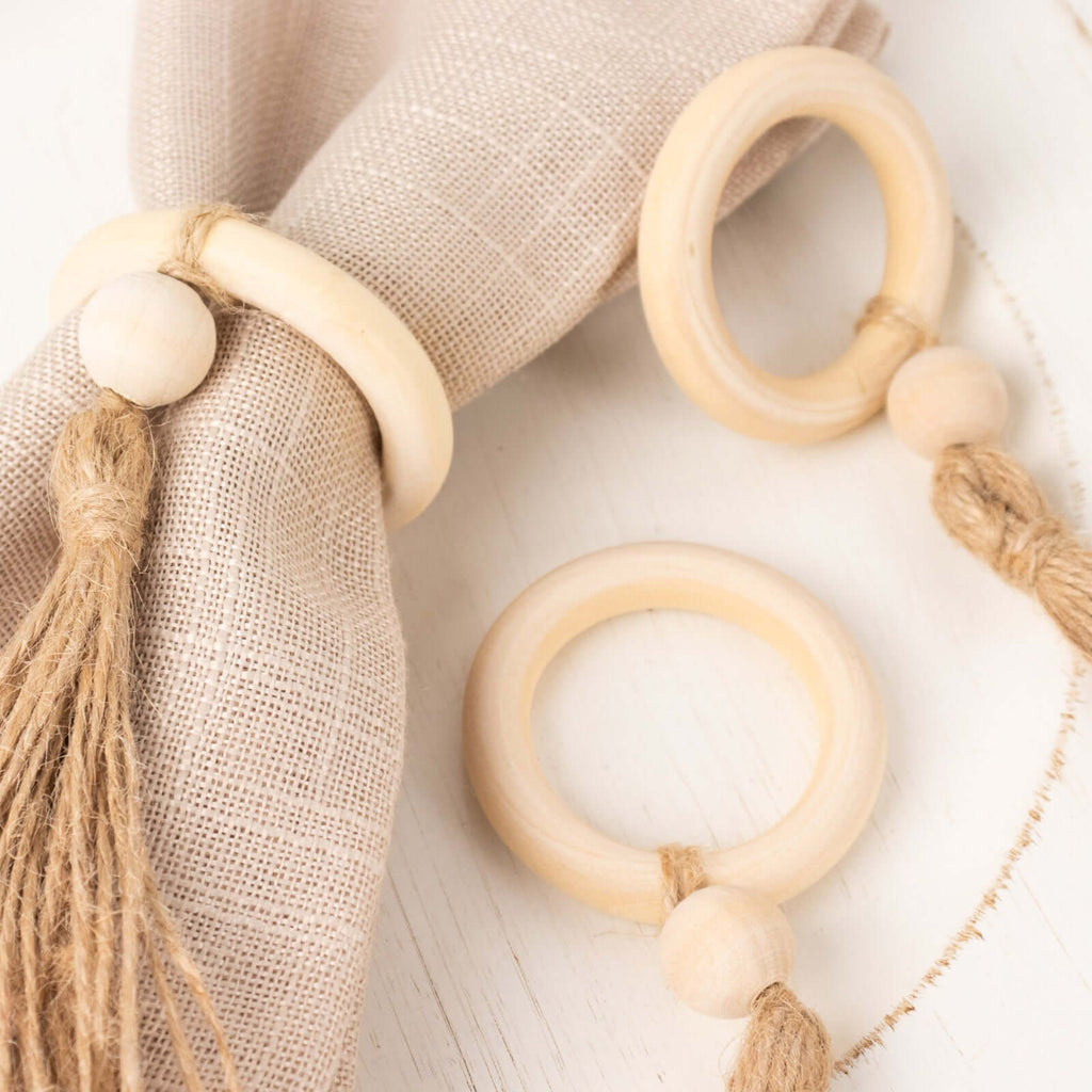 4 Pack Cream Wooden Napkin Rings with Woven Jute Beaded Tassel, Rustic Boho Chic Serviette Buckles - Bell Racket Store