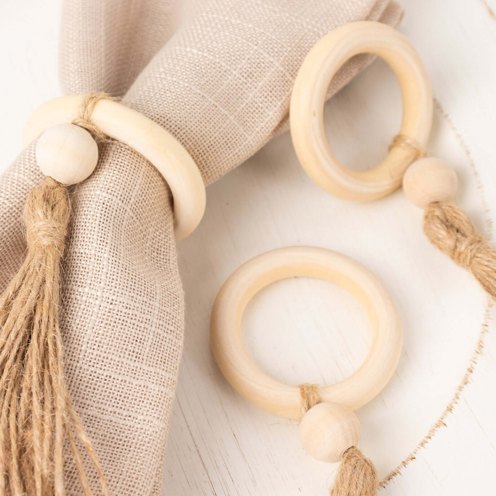 4 Pack Cream Wooden Napkin Rings with Woven Jute Beaded Tassel, Rustic Boho Chic Serviette Buckles - Bell Racket Store
