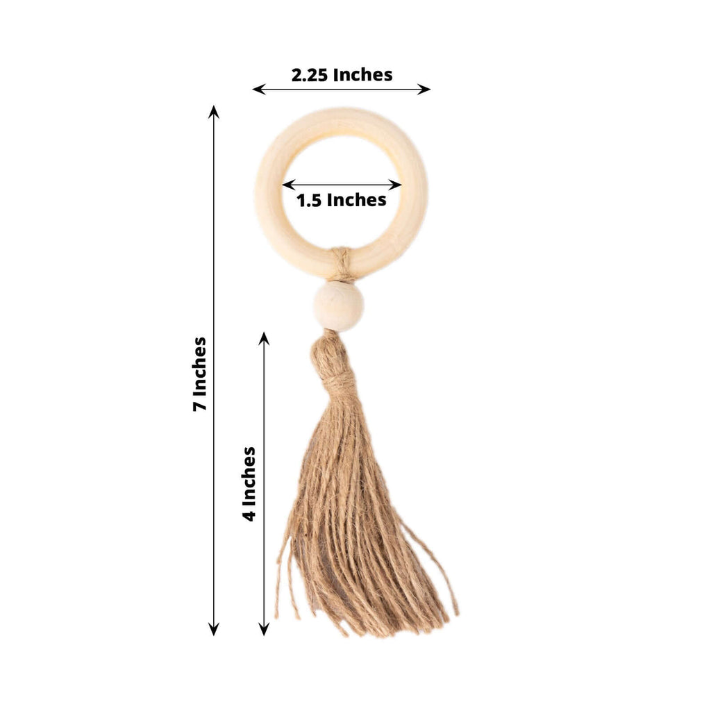 4 Pack Cream Wooden Napkin Rings with Woven Jute Beaded Tassel, Rustic Boho Chic Serviette Buckles - Bell Racket Store