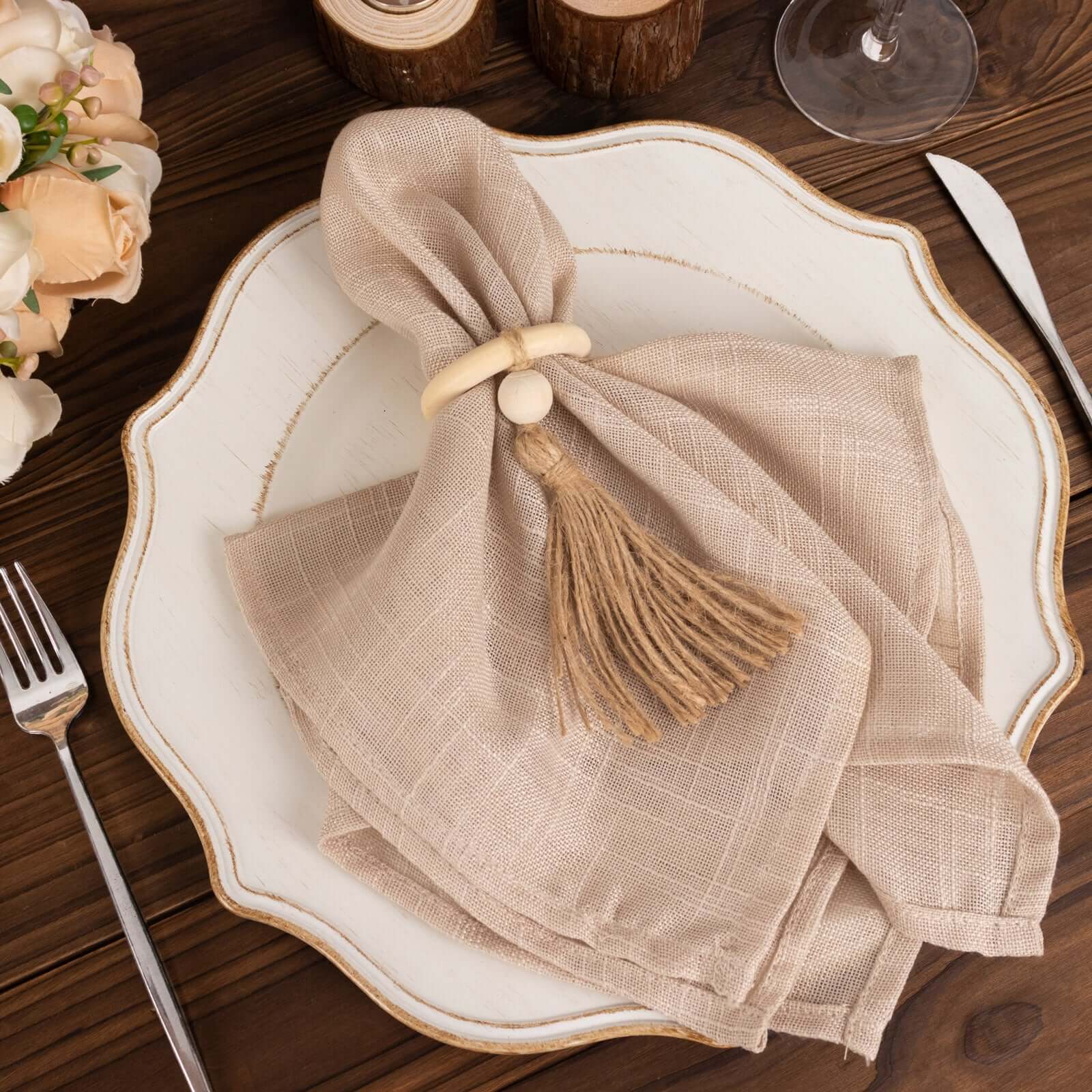 4 Pack Cream Wooden Napkin Rings with Woven Jute Beaded Tassel, Rustic Boho Chic Serviette Buckles - Bell Racket Store