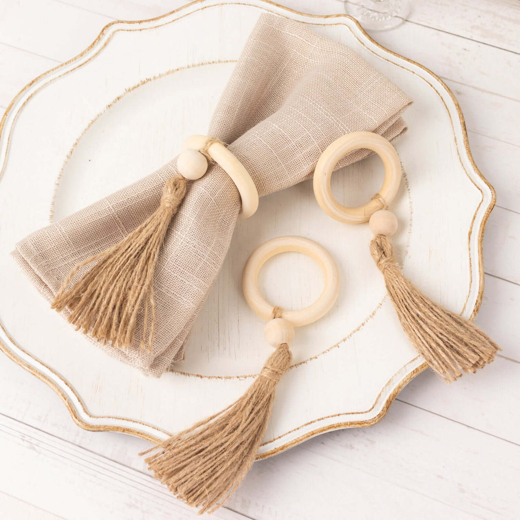 4 Pack Cream Wooden Napkin Rings with Woven Jute Beaded Tassel, Rustic Boho Chic Serviette Buckles - Bell Racket Store