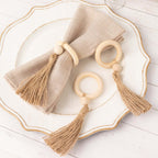 4 Pack Cream Wooden Napkin Rings with Woven Jute Beaded Tassel, Rustic Boho Chic Serviette Buckles - Bell Racket Store
