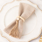 4 Pack Cream Wooden Napkin Rings with Woven Jute Beaded Tassel, Rustic Boho Chic Serviette Buckles - Bell Racket Store