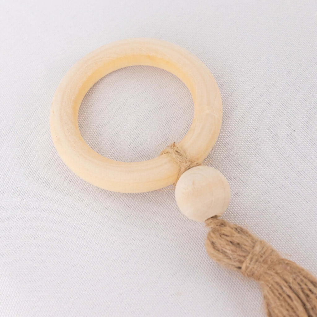 4 Pack Cream Wooden Napkin Rings with Woven Jute Beaded Tassel, Rustic Boho Chic Serviette Buckles - Bell Racket Store
