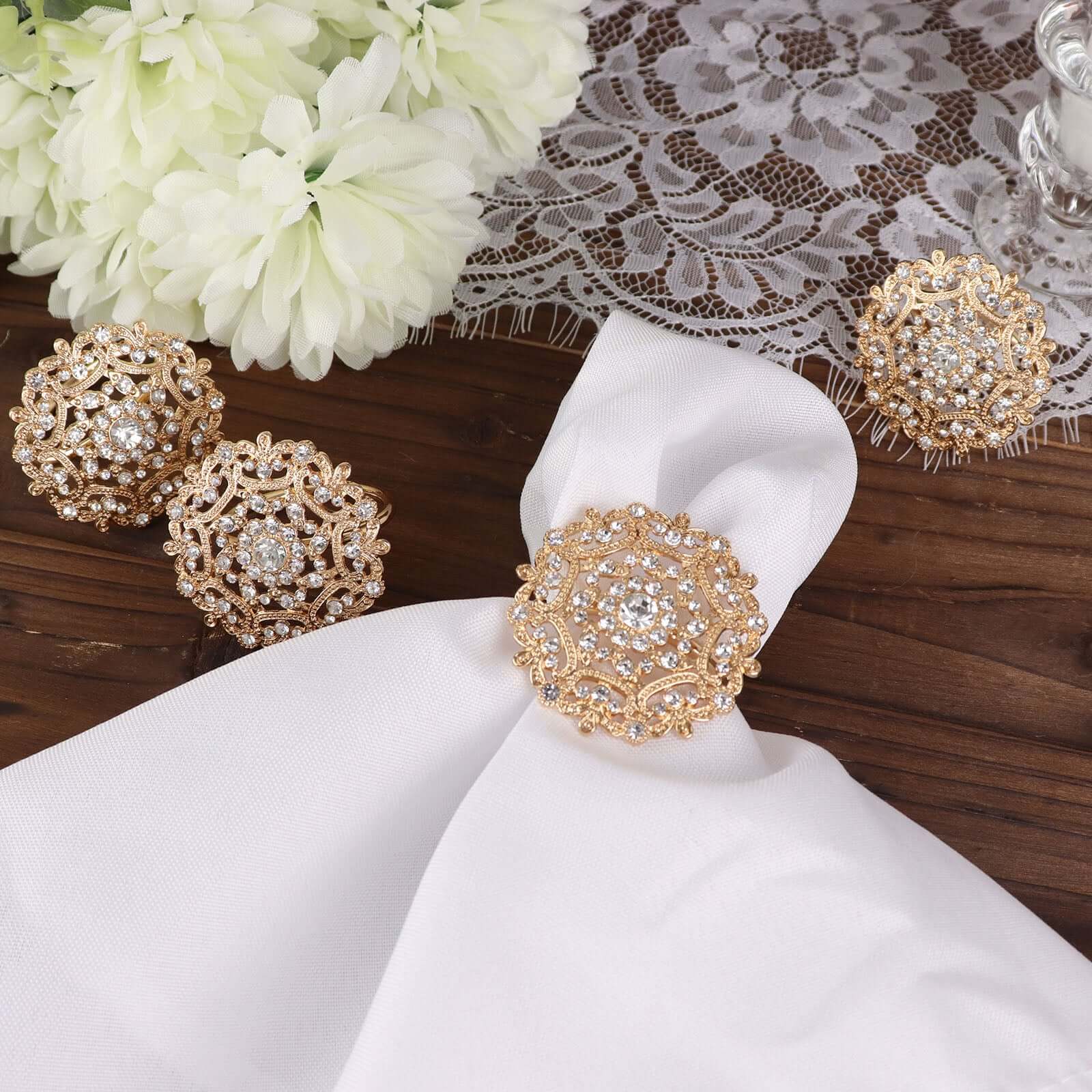 4 Pack Diamond Rhinestone Gold Metal Flower Napkin Rings, Decorative Napkin Buckle Holders - Bell Racket Store