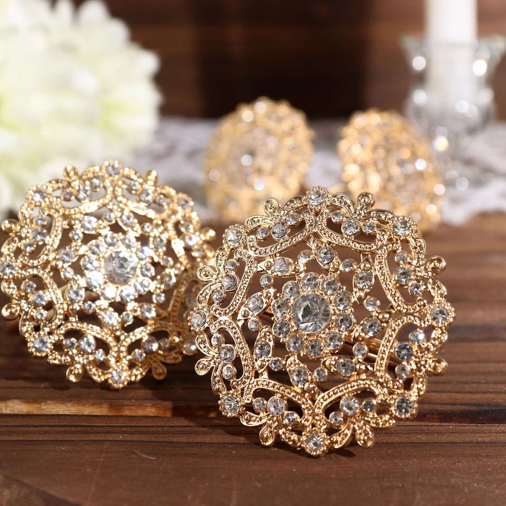 4 Pack Diamond Rhinestone Gold Metal Flower Napkin Rings, Decorative Napkin Buckle Holders - Bell Racket Store