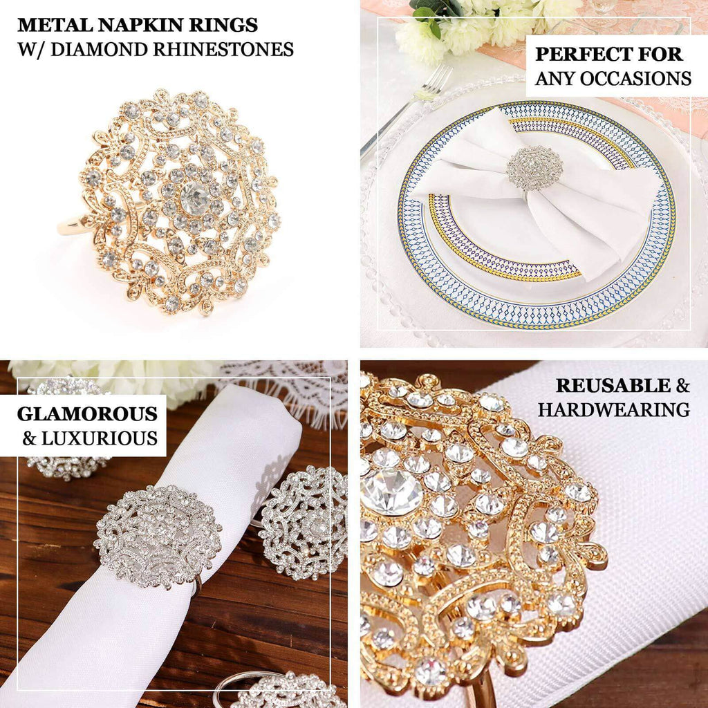 4 Pack Diamond Rhinestone Gold Metal Flower Napkin Rings, Decorative Napkin Buckle Holders - Bell Racket Store