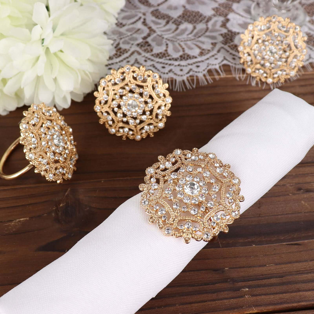 4 Pack Diamond Rhinestone Gold Metal Flower Napkin Rings, Decorative Napkin Buckle Holders - Bell Racket Store