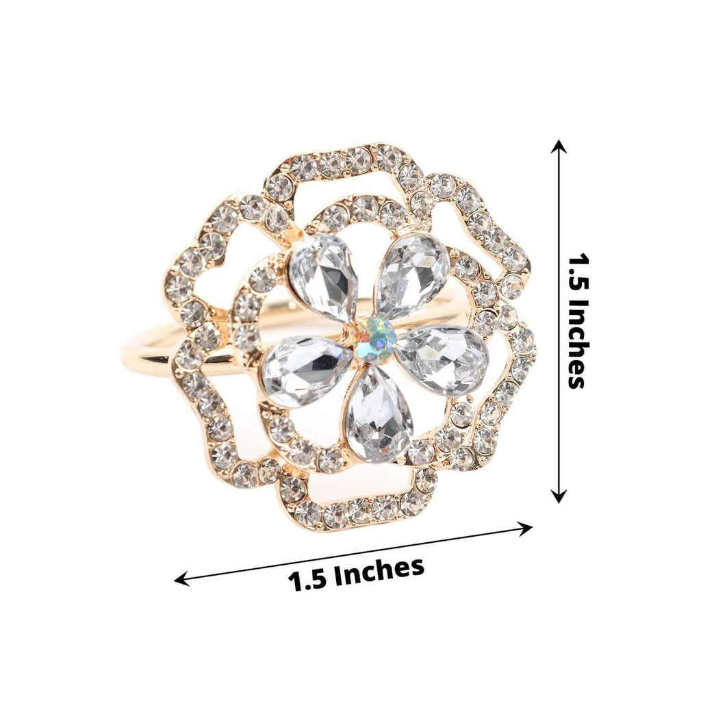 4 Pack Diamond Rhinestone Gold Metal Rose Flower Napkin Rings, Decorative Napkin Buckle Holders - Bell Racket Store