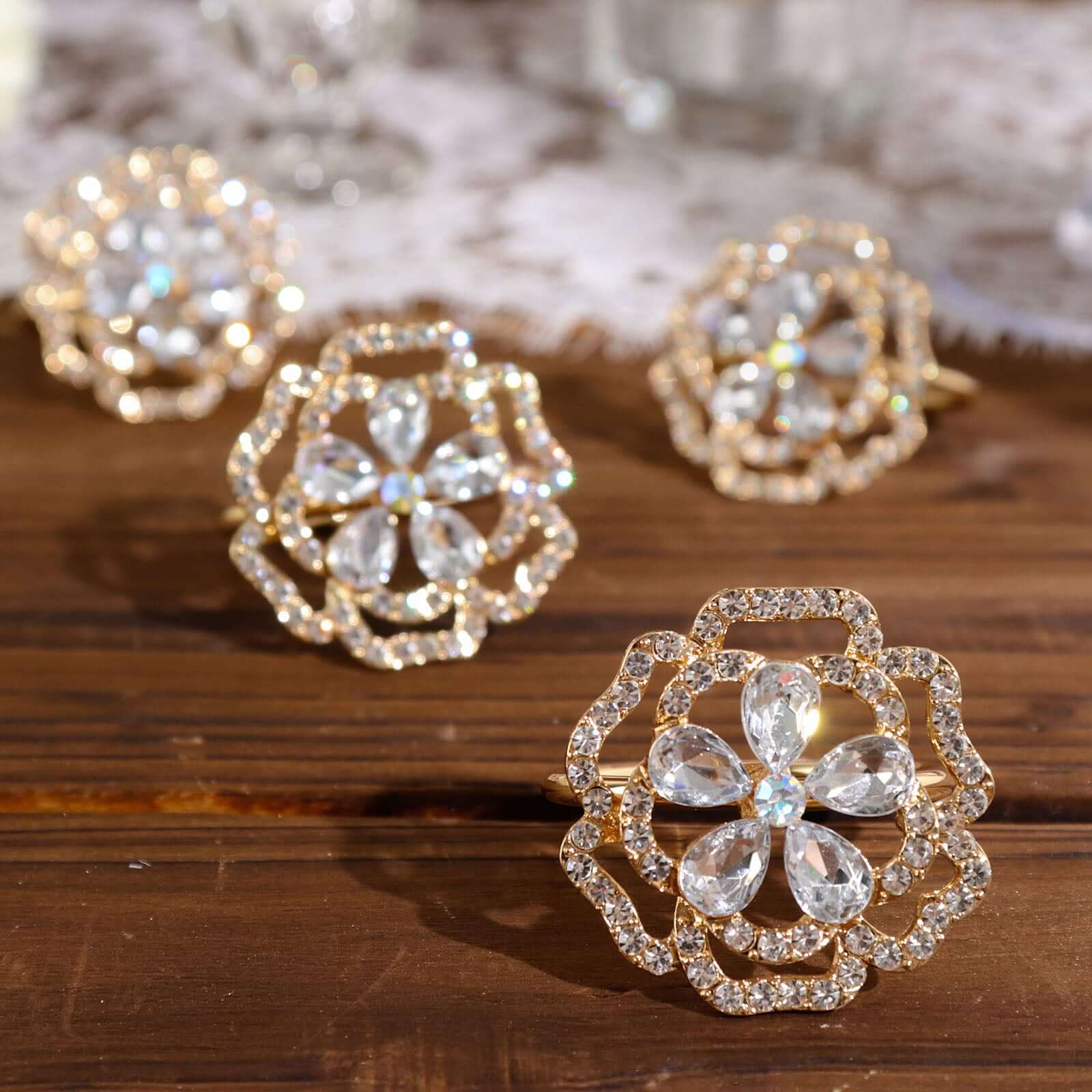 4 Pack Diamond Rhinestone Gold Metal Rose Flower Napkin Rings, Decorative Napkin Buckle Holders - Bell Racket Store