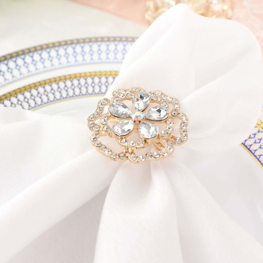4 Pack Diamond Rhinestone Gold Metal Rose Flower Napkin Rings, Decorative Napkin Buckle Holders - Bell Racket Store