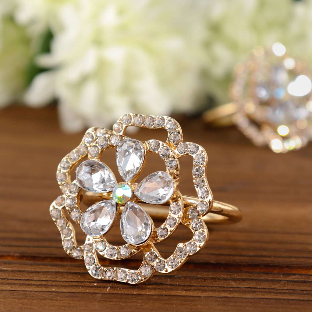 4 Pack Diamond Rhinestone Gold Metal Rose Flower Napkin Rings, Decorative Napkin Buckle Holders - Bell Racket Store
