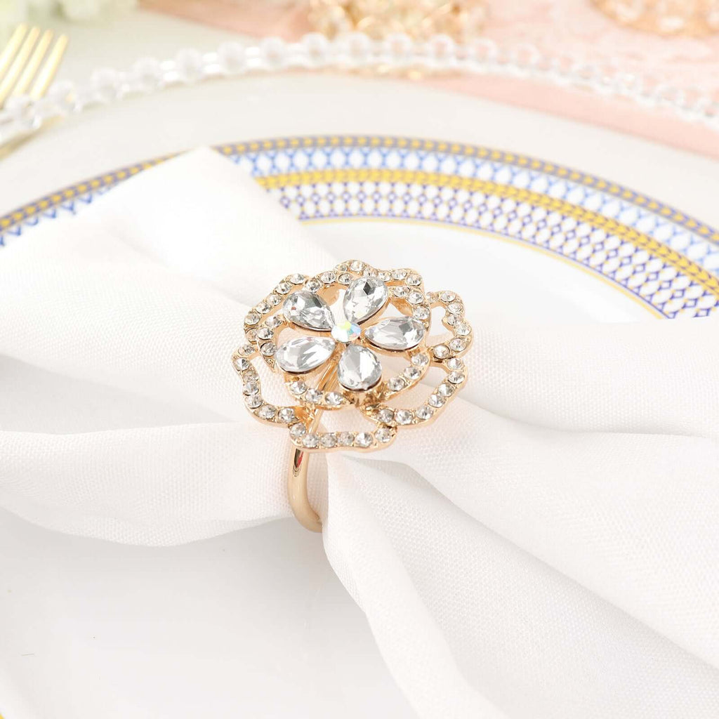 4 Pack Diamond Rhinestone Gold Metal Rose Flower Napkin Rings, Decorative Napkin Buckle Holders - Bell Racket Store