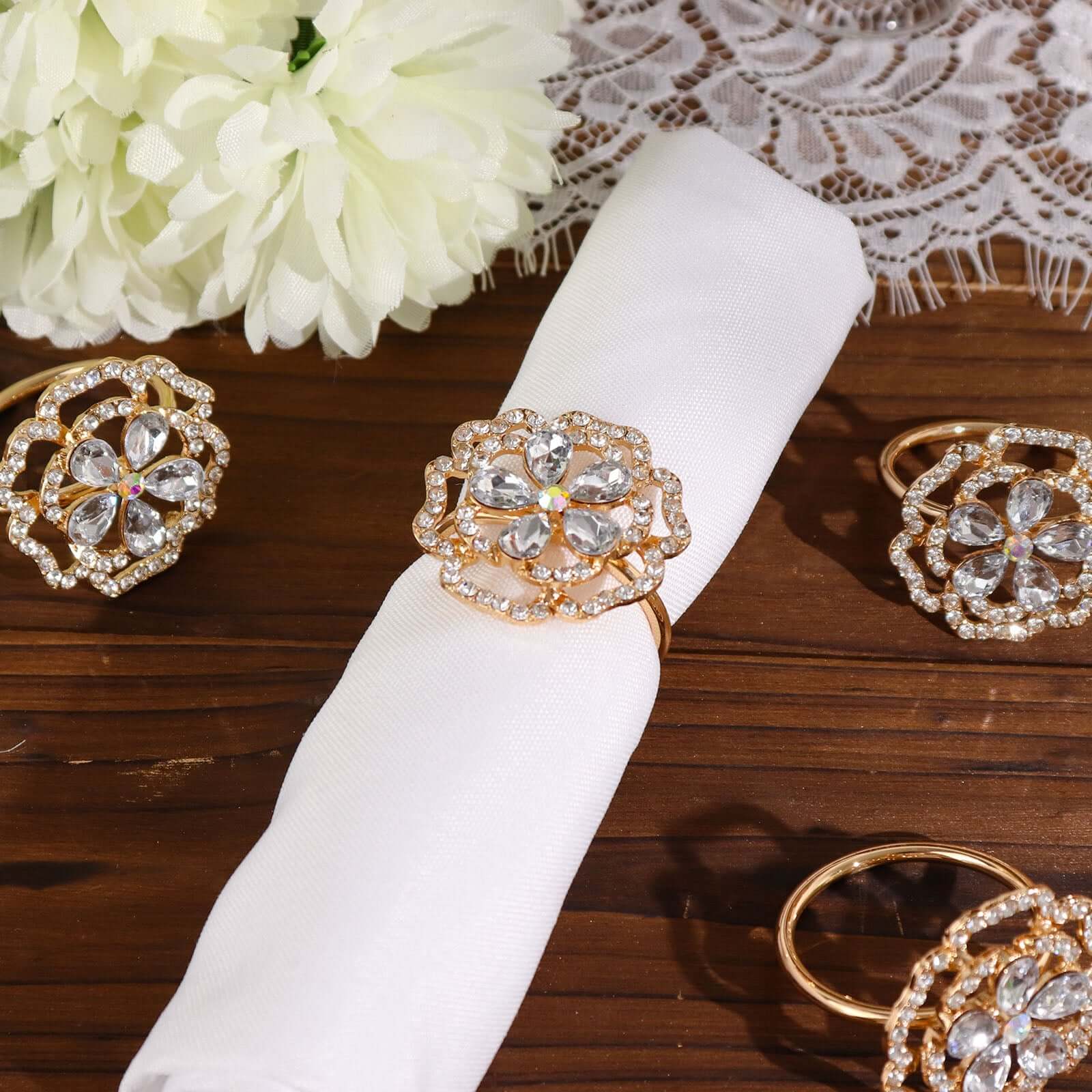 4 Pack Diamond Rhinestone Gold Metal Rose Flower Napkin Rings, Decorative Napkin Buckle Holders - Bell Racket Store