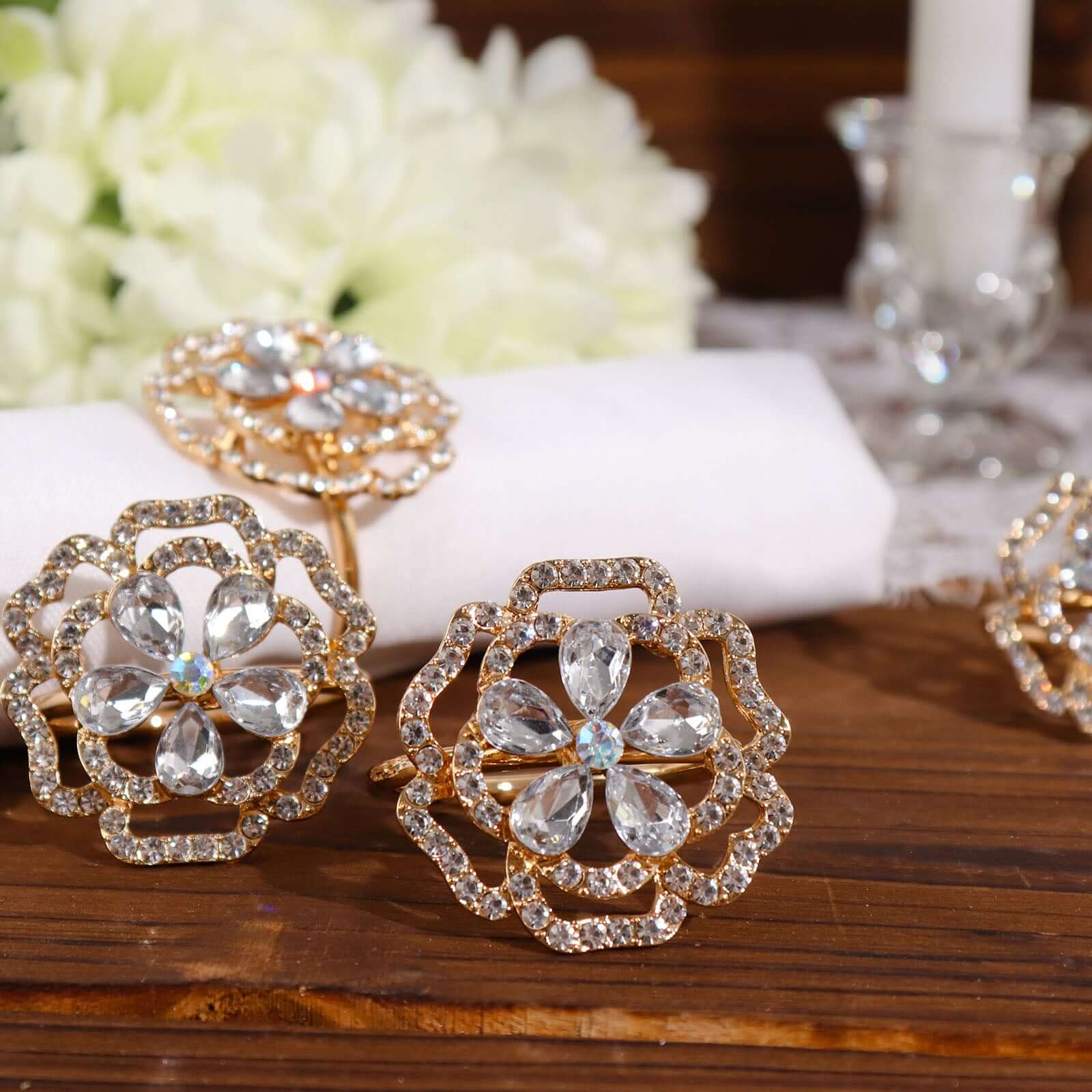 4 Pack Diamond Rhinestone Gold Metal Rose Flower Napkin Rings, Decorative Napkin Buckle Holders - Bell Racket Store
