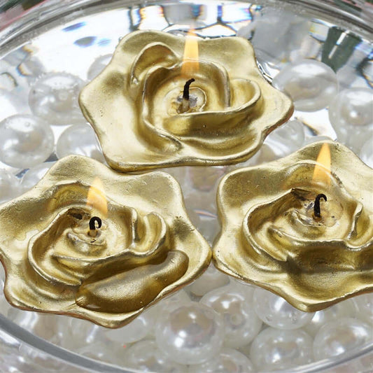 4 - Pack Floating Candles Rose Flower Design Gold - Wedding Vase Fillers for Events 2.5" - NestOCart