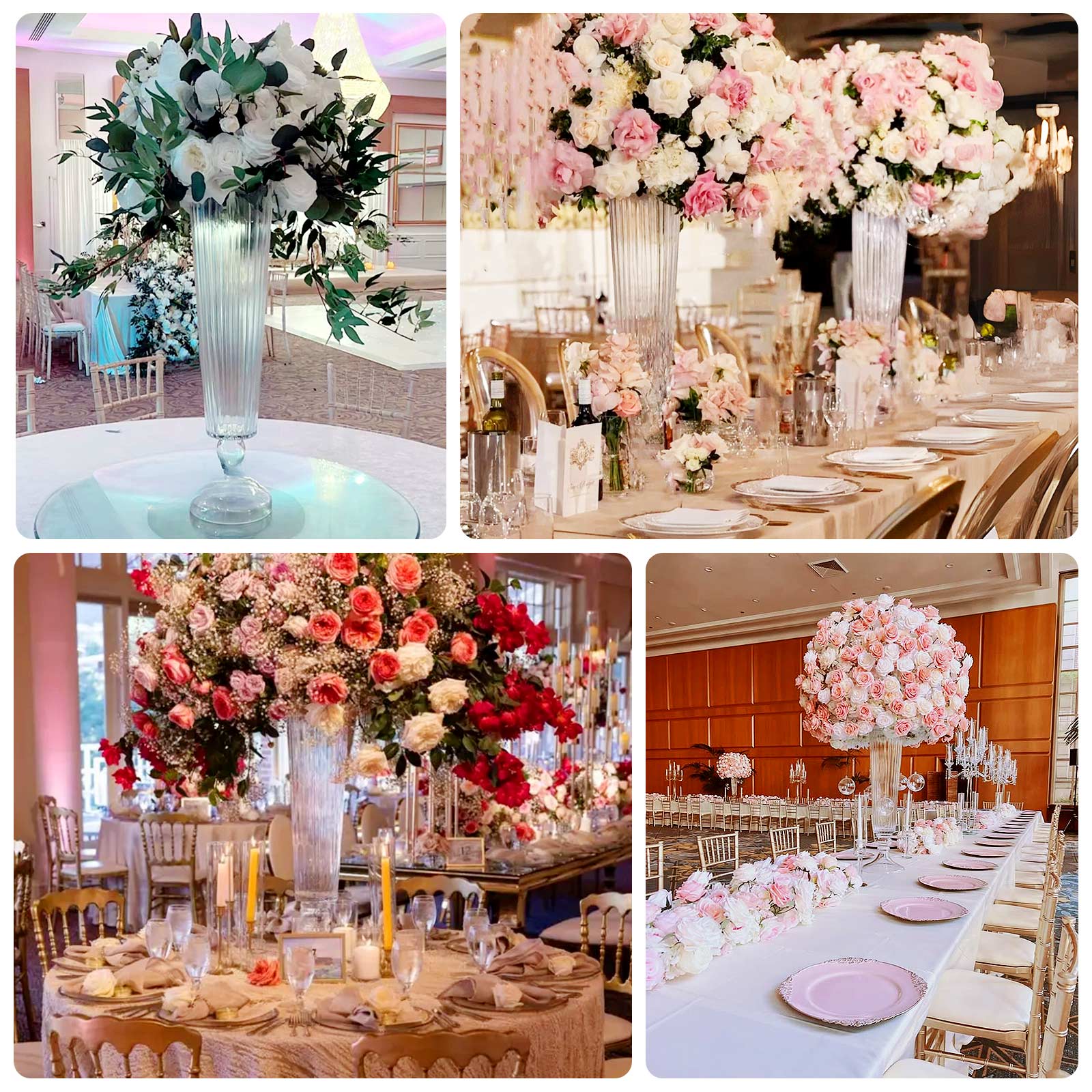 4 - Pack Glass Trumpet Vases Ribbed Design Clear - Durable Flower Centerpieces for Events 26" - Bell Racket Store