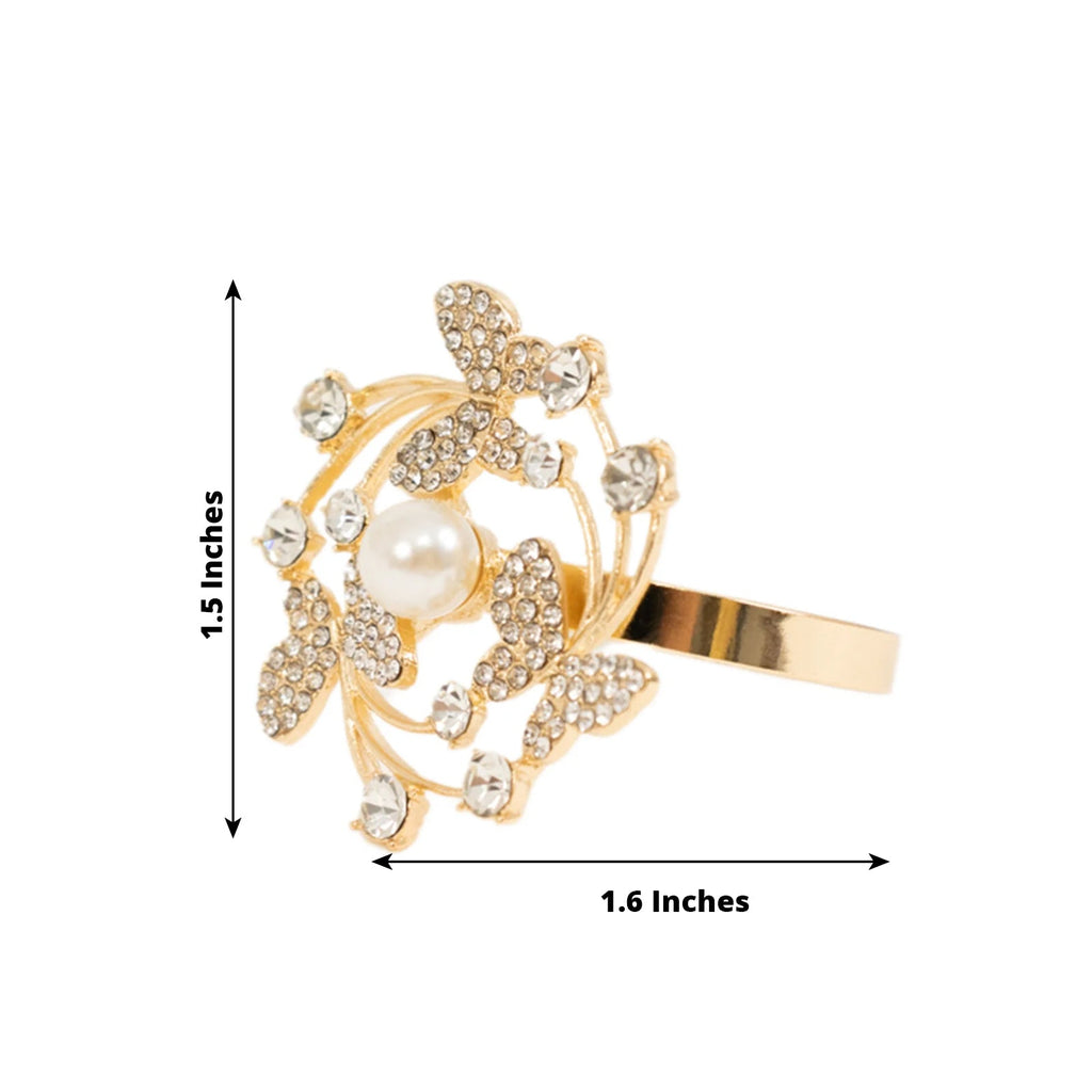 4 Pack Gold Metal Butterfly Napkin Rings with Pearl and Rhinestone Accents, Elegant Table Decoration for Weddings, Events, and Parties - Bell Racket Store