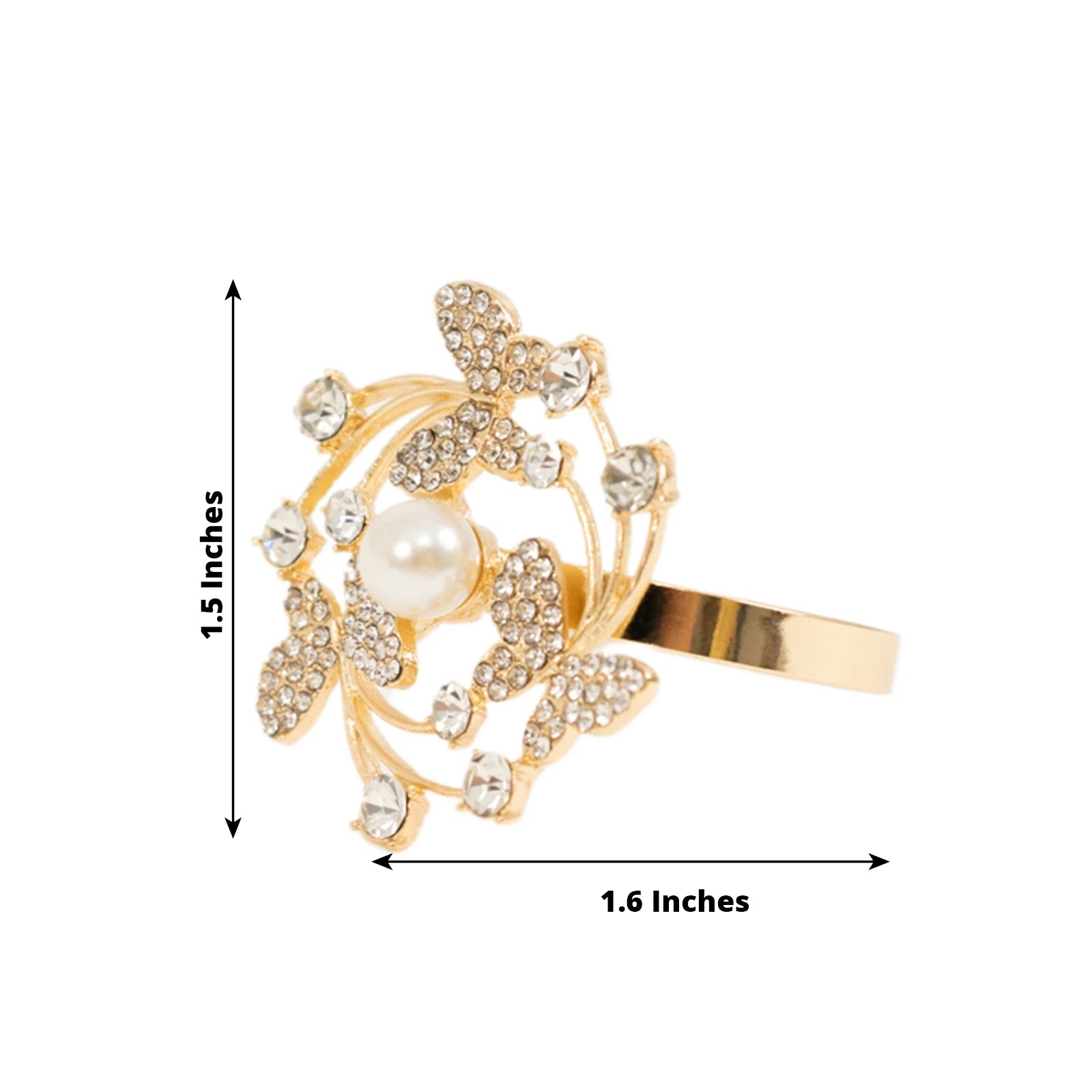 4 Pack Gold Metal Butterfly Napkin Rings with Pearl and Rhinestone Accents, Elegant Table Decoration for Weddings, Events, and Parties - Bell Racket Store