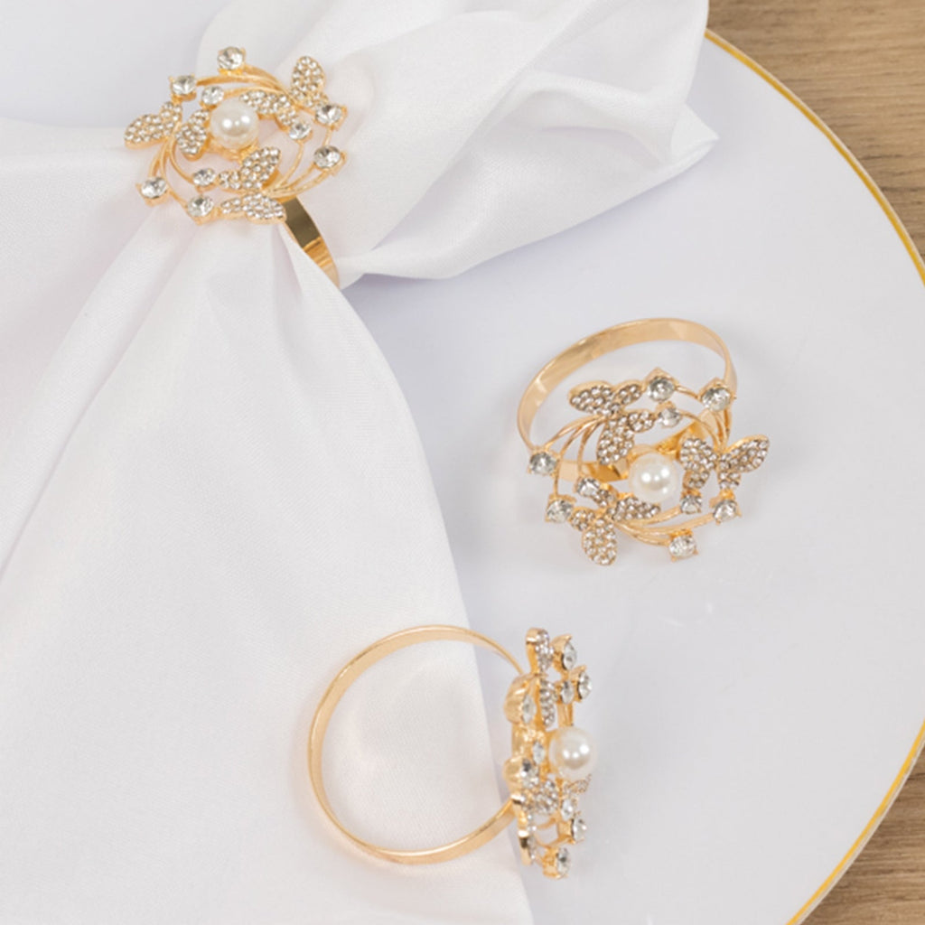 4 Pack Gold Metal Butterfly Napkin Rings with Pearl and Rhinestone Accents, Elegant Table Decoration for Weddings, Events, and Parties - Bell Racket Store