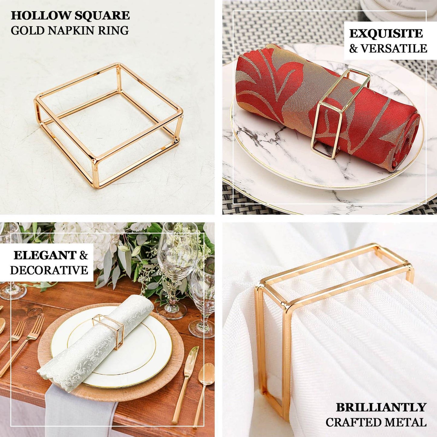 4 Pack Gold Metal Hollow Square Napkin Rings, Modern Geometric Cube Napkin Holders - Bell Racket Store