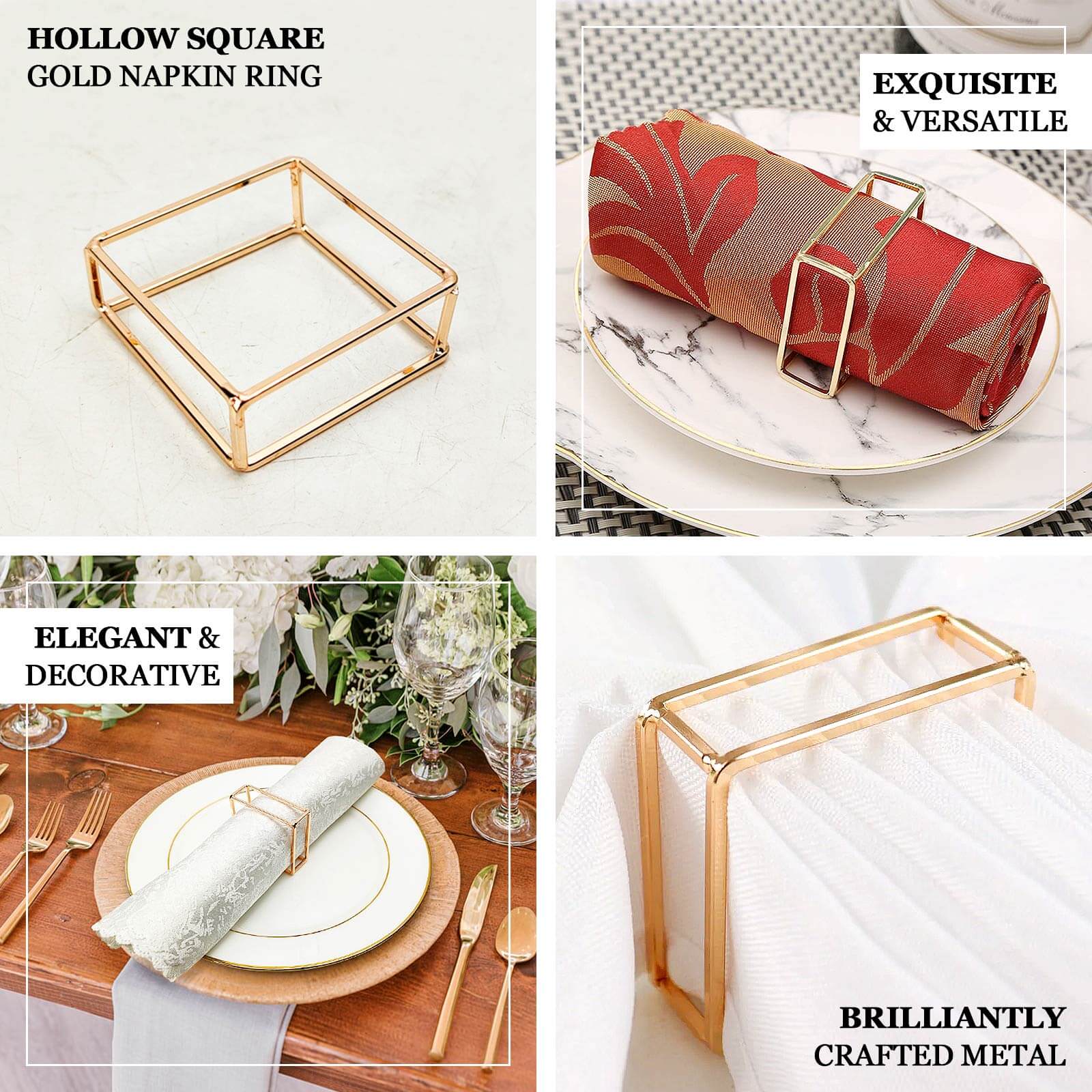 4 Pack Gold Metal Hollow Square Napkin Rings, Modern Geometric Cube Napkin Holders - Bell Racket Store