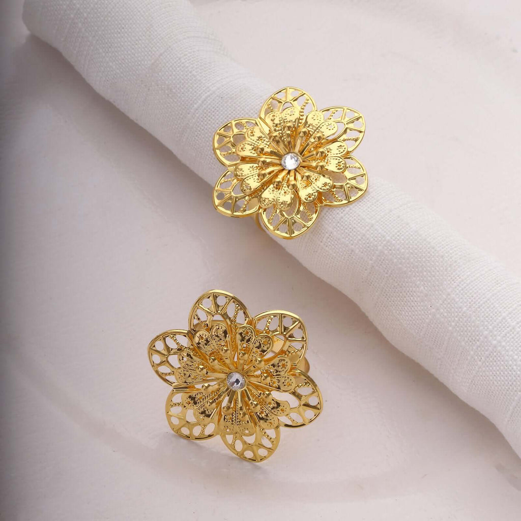 4 Pack Gold Metal Hollow Sun Flower Napkin Rings, Modern Flower Shaped Napkin Bands - Bell Racket Store